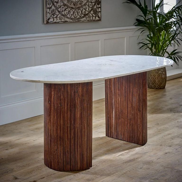 Opal Fluted Dining Table - 6 Seater - 170cm - Double Pedestal - White Marble Top - Mango Wood