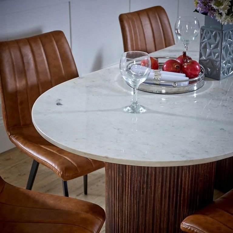 Opal Fluted Dining Table - 6 Seater - 170cm - Double Pedestal - White Marble Top - Mango Wood