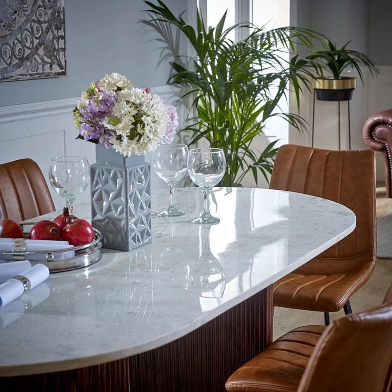 Opal Fluted Dining Table - 6 Seater - 170cm - Double Pedestal - White Marble Top - Mango Wood