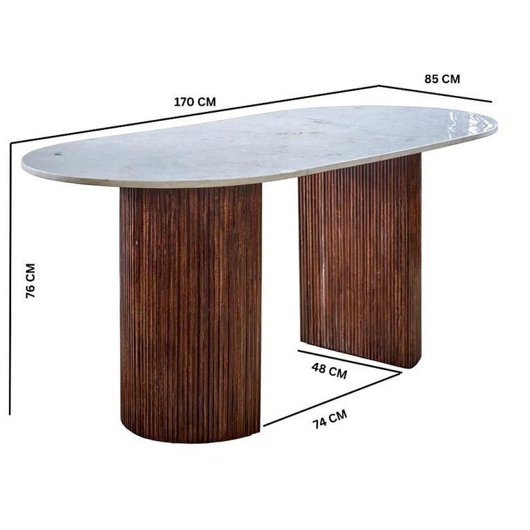 Opal Fluted Dining Table - 6 Seater - 170cm - Double Pedestal - White Marble Top - Mango Wood