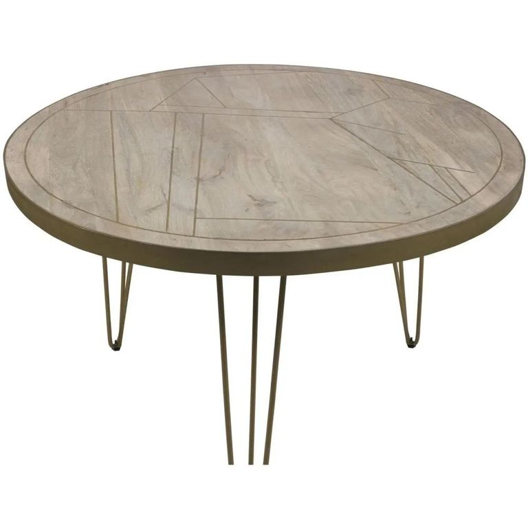 Dining Table - 4 Seater - 120cm - Round - Hairpin Legs - Gold Geometric Inlay - Light Mango Wood