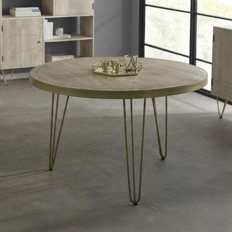 Dining Table - 4 Seater - 120cm - Round - Hairpin Legs - Gold Geometric Inlay - Light Mango Wood