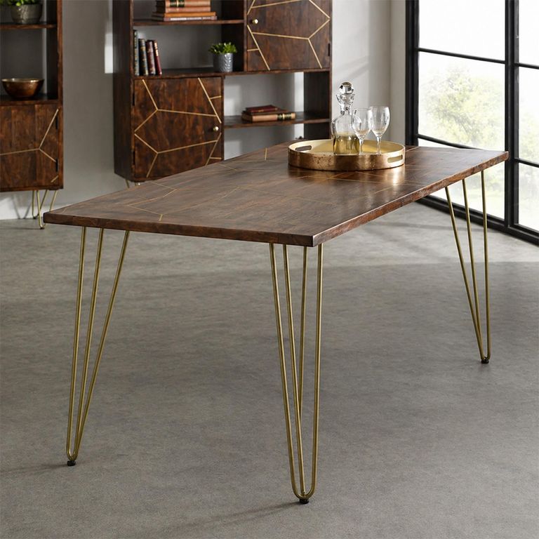 Dining Table - 6 Seater - 160cm - Hairpin Legs - Gold Geometric Inlay - Dark Mango Wood