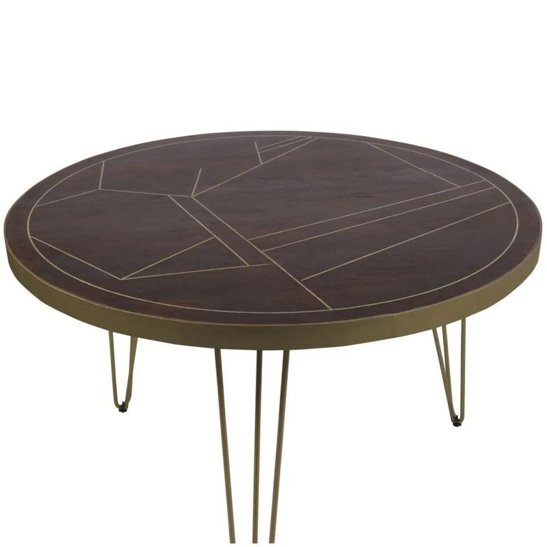 Dining Table - 4 Seater - 120cm - Round - Hairpin Legs - Gold Geometric Inlay - Dark Mango Wood