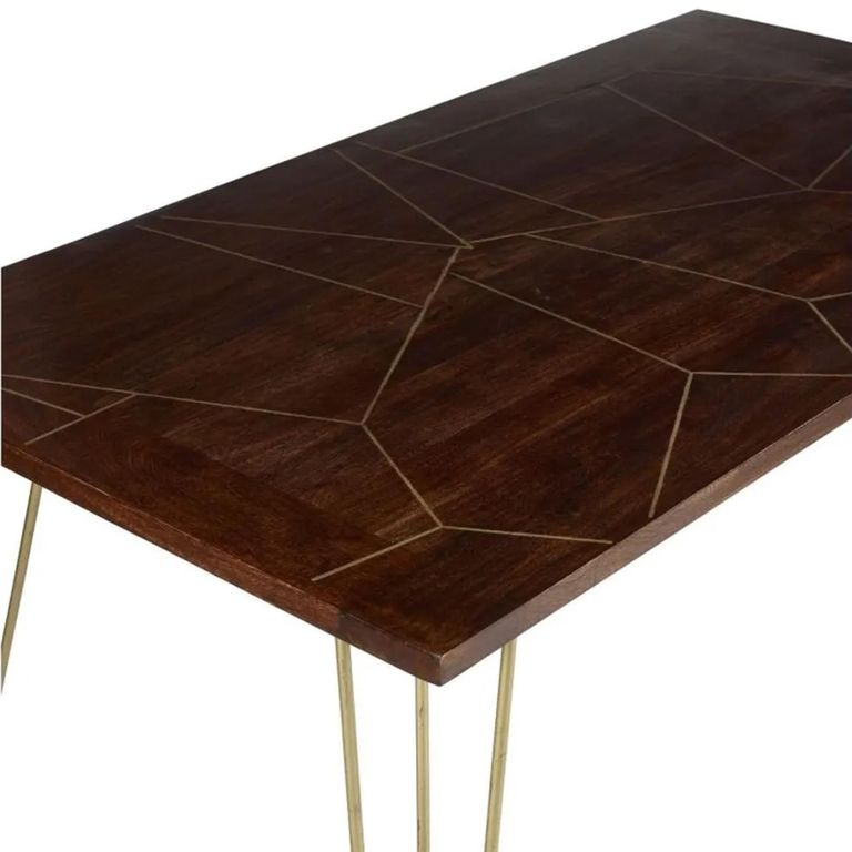 Dining Table - 6 Seater - 160cm - Hairpin Legs - Gold Geometric Inlay - Dark Mango Wood