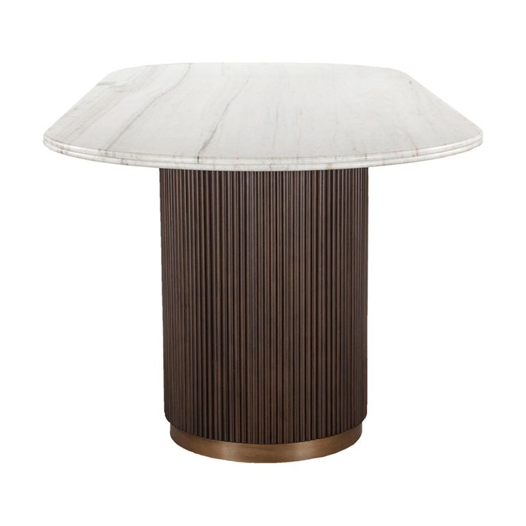 Mayfield White Marble Top 10 Seater Oval Dining Table - Dark Wood Fluted Pedestal Base
