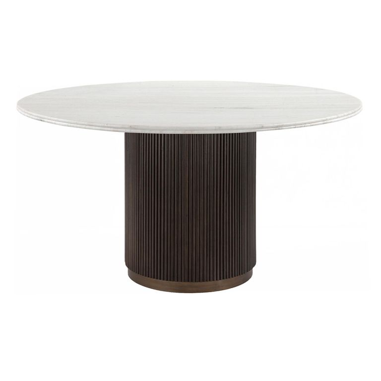 Mayfield White Marble Top 6 Seater Round Dining Table - Dark Wood Fluted Pedestal Base