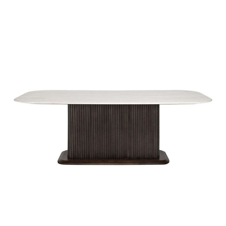 Mayfield White Marble Top 8 Seater Dining Table - Dark Wood Fluted Pedestal Base
