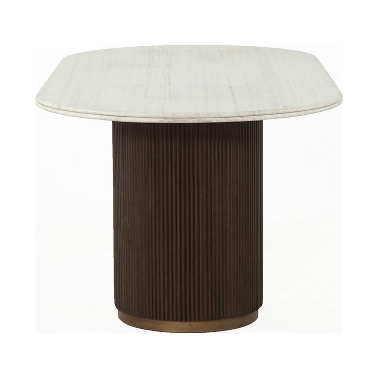 Mayfield White Marble Top 8 Seater Oval Dining Table - Dark Wood Fluted Pedestal Base