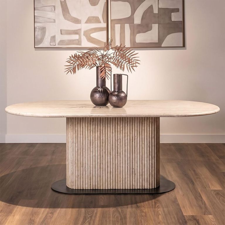 La Cantera Dining Table - 200cm - 8 Seater - Oval - Fluted Base - Beige - Travertine