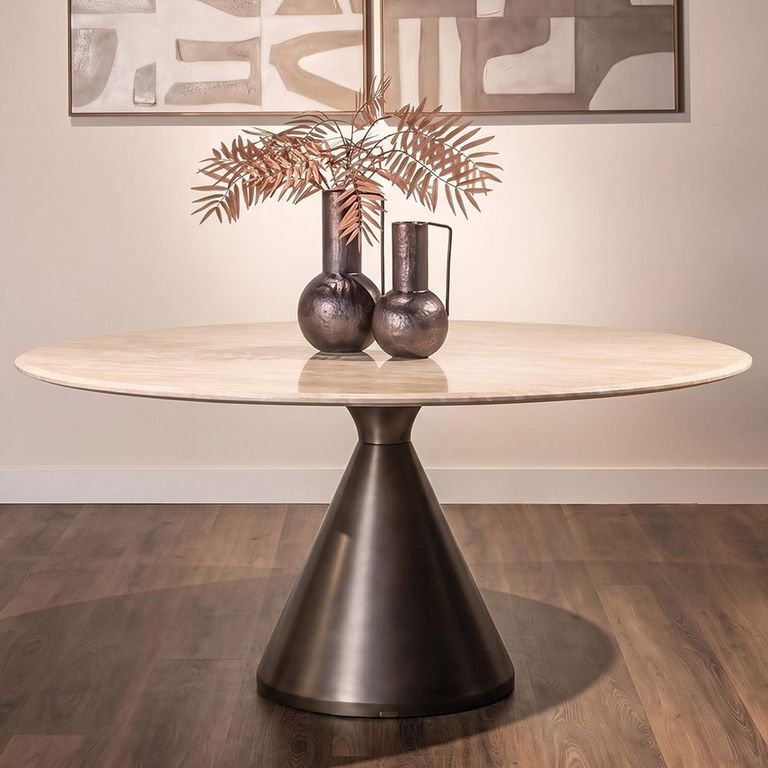 Montgommery Dining Table - 130cm - 6 Seater - Round - Cone Base - Beige - Faux Marble and Metal