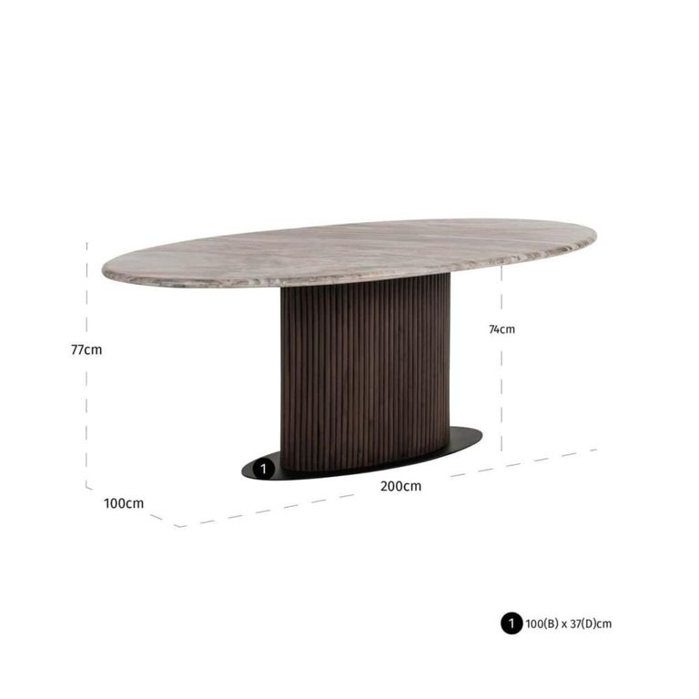 Rashford Dining Table - 200cm - 8 Seater - Oval - Fluted Base - Blush Beige and Brown - Marble and Metal