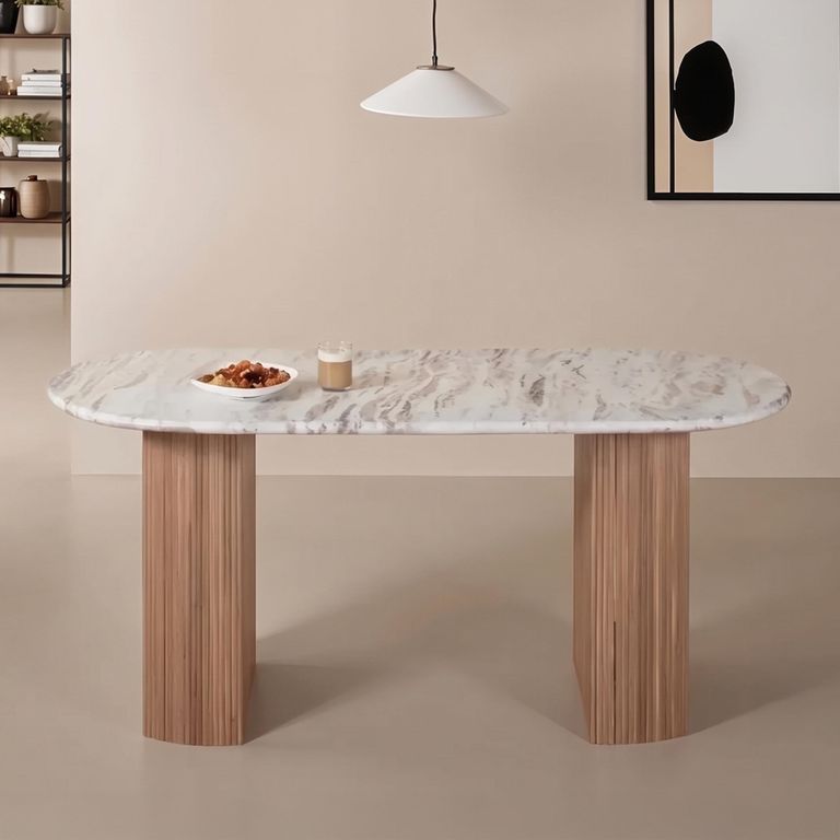 Ashford Dining Table - 170cm - 6 Seater - Oval - Fluted - Pale Taupe - Marble Top and Mango Wood