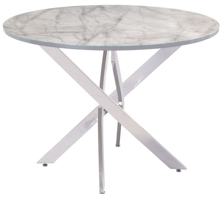 Alden White and Grey Marble Effect 4 Seater Round Dining Table with Chrome Legs -107cm