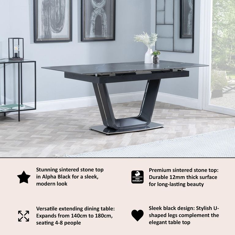 Alpha 6-8 Seater Black Ceramic Extending Dining Table - 140cm-180cm