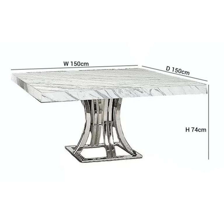 Aurora Dining Table - 8 Seater - 150cm - Square - Marble with Stainless Steel Pedestal Base - Variation Available