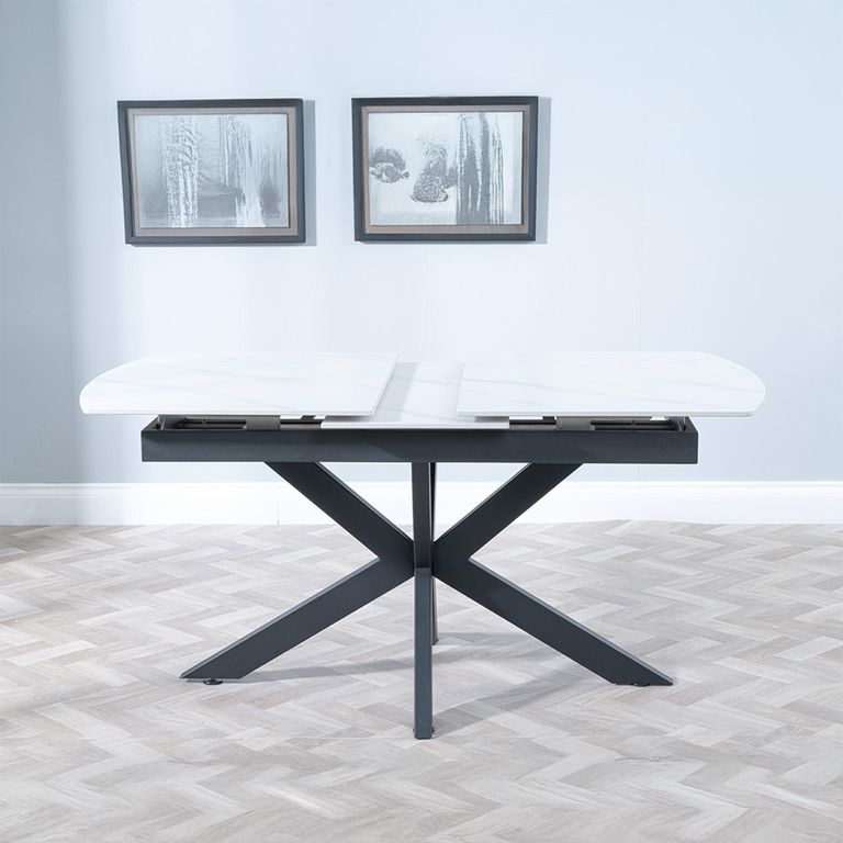 Bari 6-8 Seater White Ceramic Extending Dining Table with Black Star Base - 140cm-180cm
