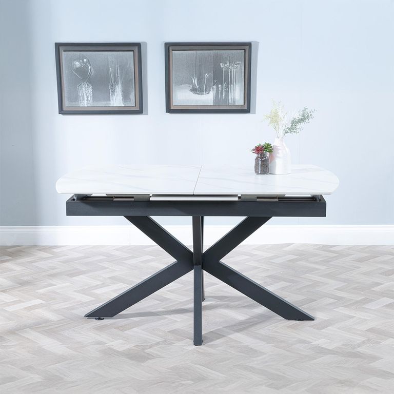 Bari 6-8 Seater White Ceramic Extending Dining Table with Black Star Base - 140cm-180cm