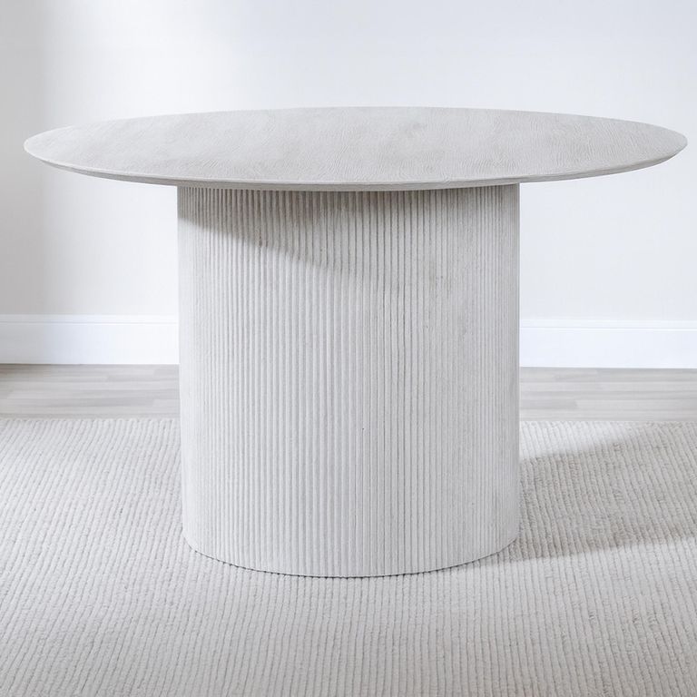 Bern Fluted 4 Seater White Washed Oak Effect Round Dining Table with Drum Base - 120cm