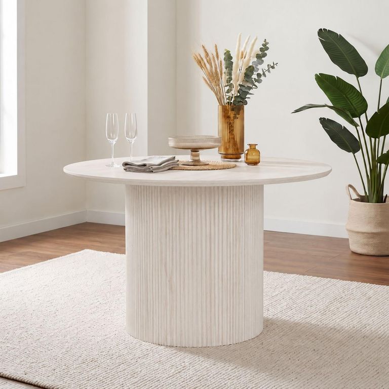 Bern Fluted Round Dining Table - 4 Seater - 120cm - White Washed Oak - Drum Base