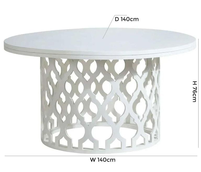 Boho 6 Seater White Carved Wooden Round Dining Table - 140cm
