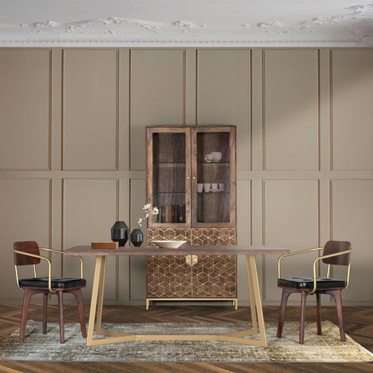 Caltan Dining Table - 6 Seater - 170cm - Walnut Mango Wood and Gold - Geometric