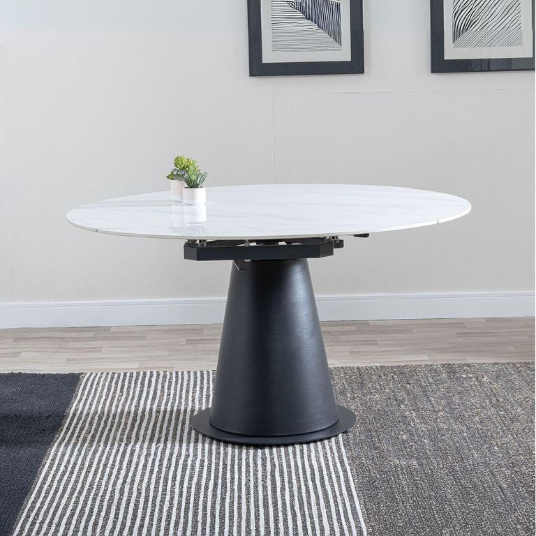 Carrara 4-6 Seater White Ceramic Round Swivel Motion Extending Dining Table with Black Pedestal Base - 135cm