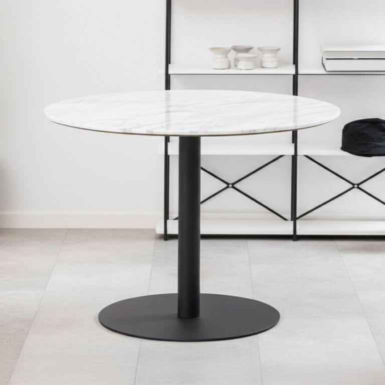 Corby Round Dining Table - 4 Seater - 105cm - White Marble Effect and Black