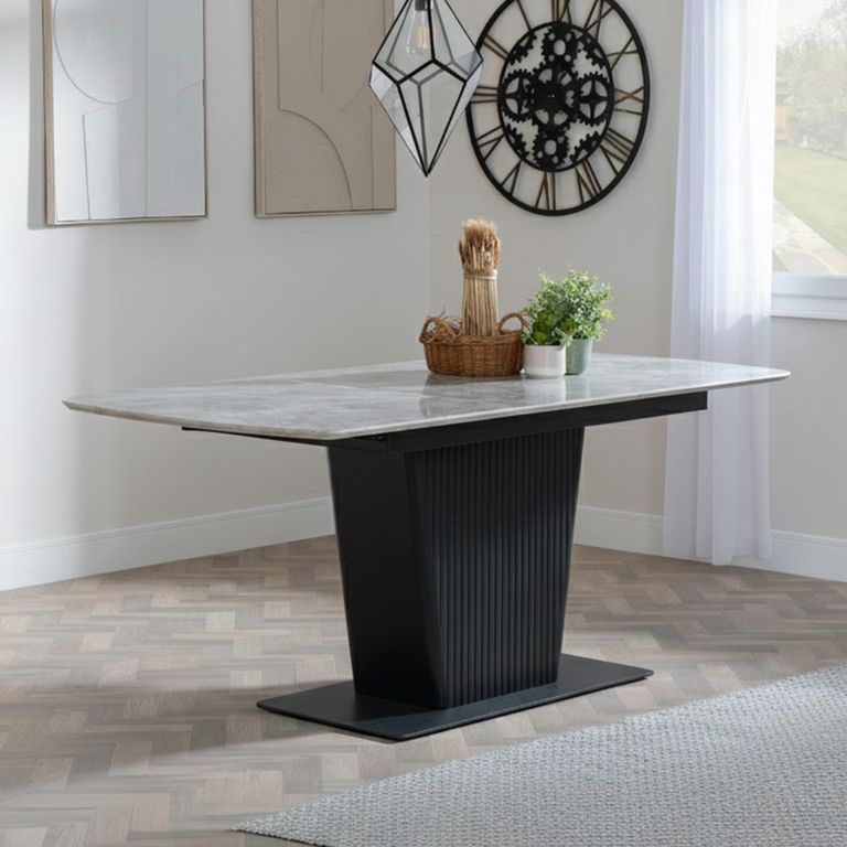 Dutton 4-6 Seater Grey Ceramic Extending Dining Table with Black Pedestal Base - 130cm-170cm