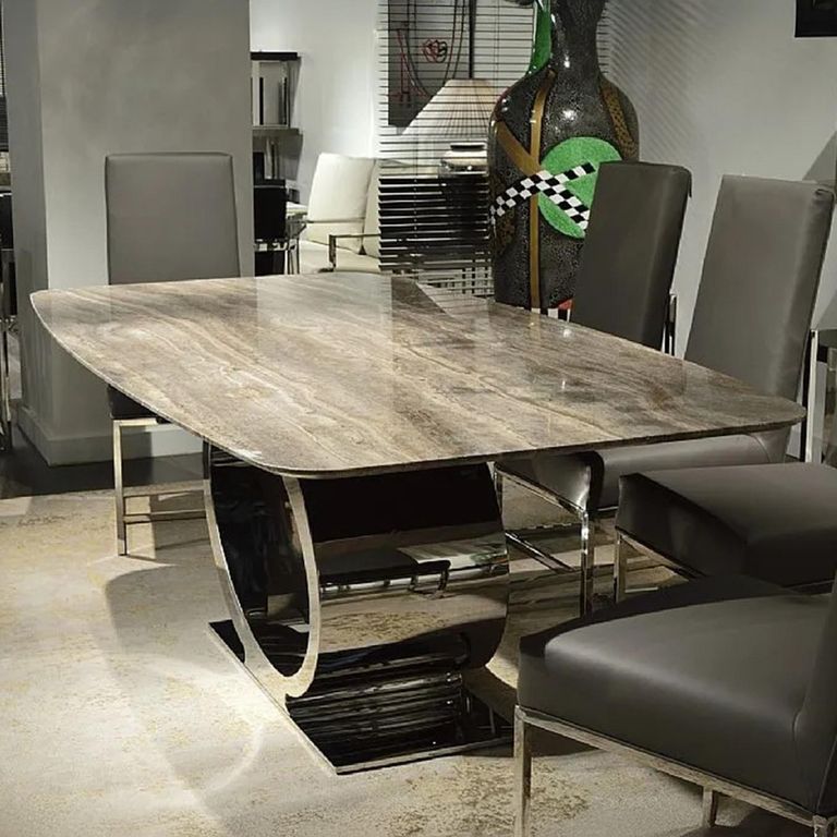 Eye Dining Table - 8 Seater - 220cm - Curved Edge - Marble with Chrome Pedestal Base - Variation Available
