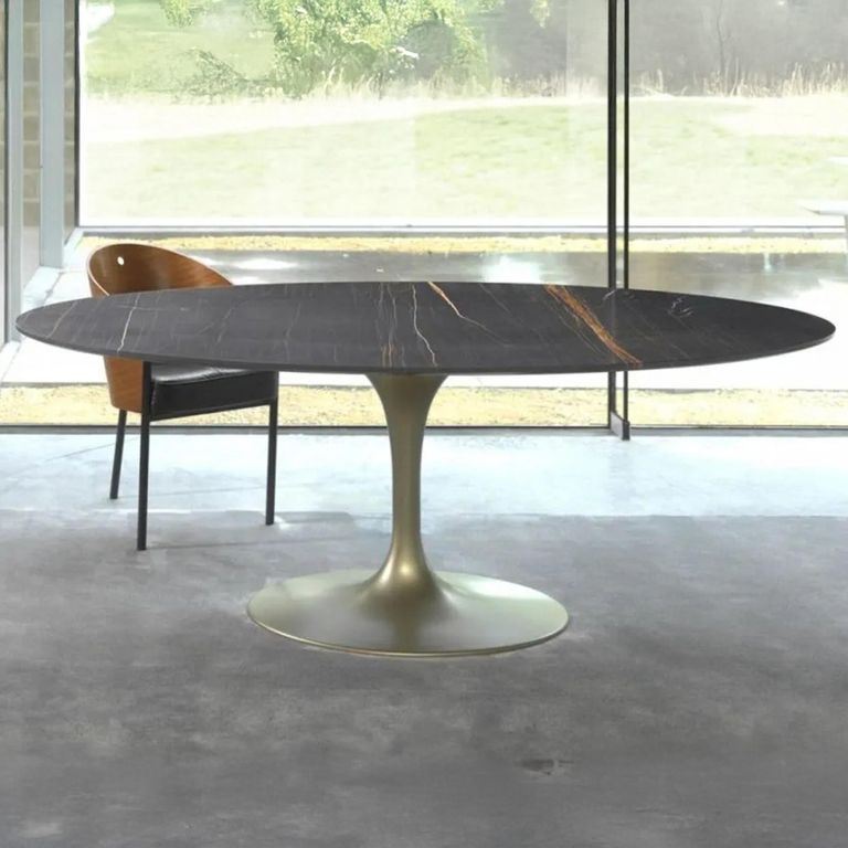 Flute Dining Table - Round - Marble with Metal Pedestal Base - Variation Available
