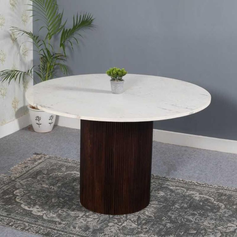 Fluted White Marble 4 Seater Round Pedestal Dining Table
