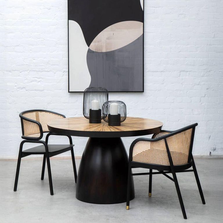Gabo Dining Table - 4 Seater - 120cm - Round - Parquet Wood with Black Base