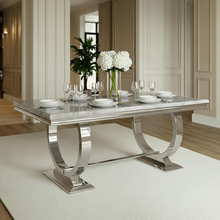 Glacier 6 Seater Grey Marble and Chrome Dining Table - Sizes Available