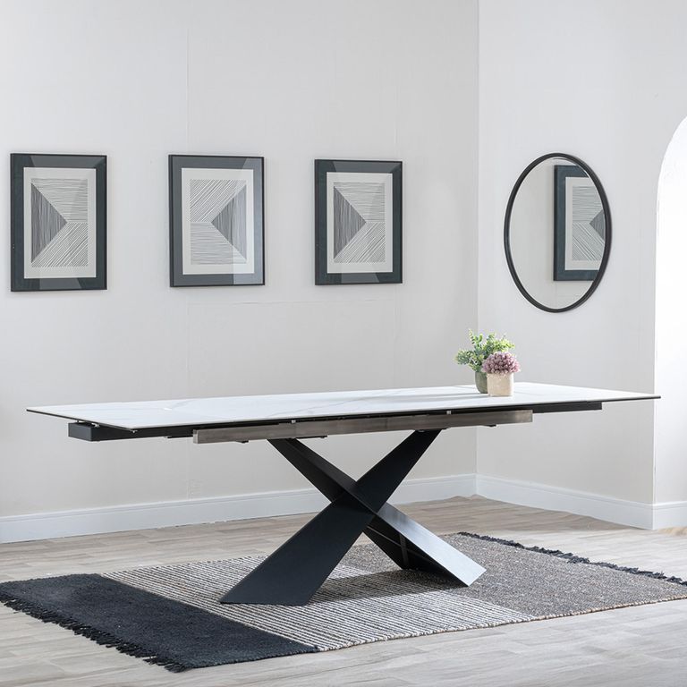 Hayden 6-10 Seater White Ceramic Extending Dining Table with Black Cross Base