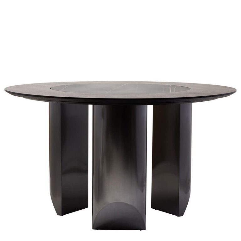 Imperia Dining Table - 4 Seater - 130cm - Round - Black Ceramic and Wood with Lazy Susan
