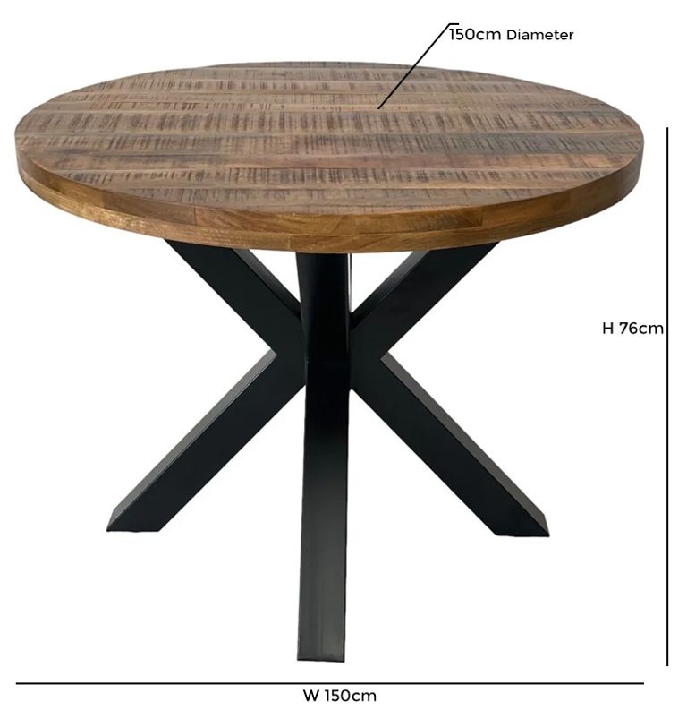 Industrial Mango Wood 6 Seater Round Dining Table with Black Star Legs