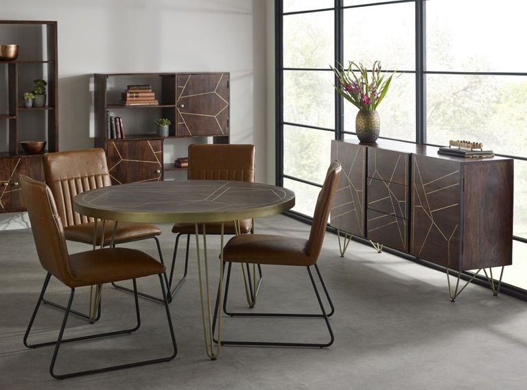 Kaza Dark Mango Wood 4 Seater Round Dining Table - Hairpin Legs with Gold Geometric Inlay