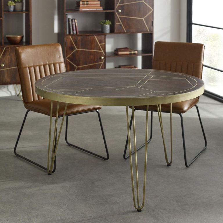 Kaza Dark Mango Wood 4 Seater Round Dining Table - Hairpin Legs with Gold Geometric Inlay