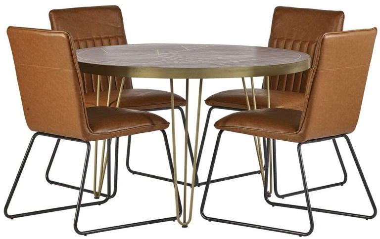 Kaza Dark Mango Wood 4 Seater Round Dining Table - Hairpin Legs with Gold Geometric Inlay