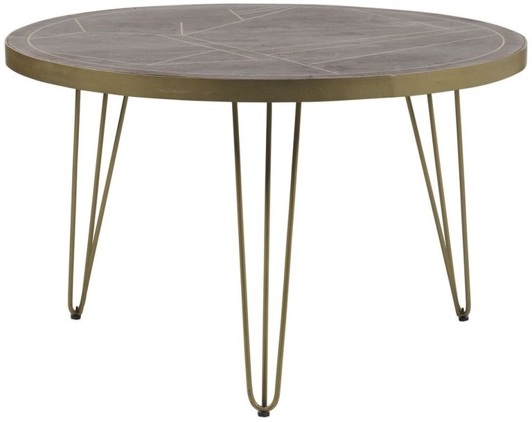 Kaza Dark Mango Wood 4 Seater Round Dining Table - Hairpin Legs with Gold Geometric Inlay