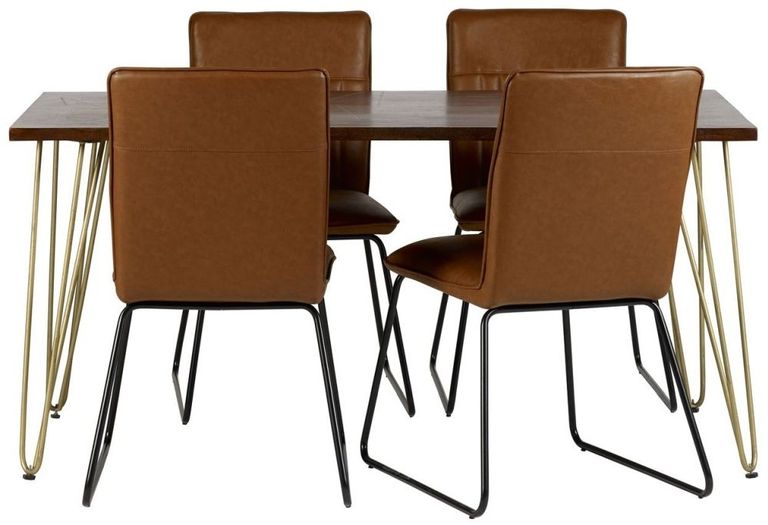 Kaza Dark Mango Wood 6 Seater Dining Table - Hairpin Legs with Gold Geometric Inlay
