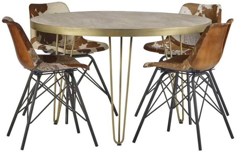 Kaza Light Mango Wood 4 Seater Round Dining Table - Hairpin Legs with Gold Geometric Inlay