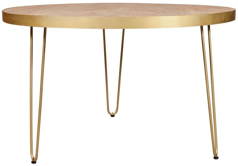 Kaza Light Mango Wood 4 Seater Round Dining Table - Hairpin Legs with Gold Geometric Inlay