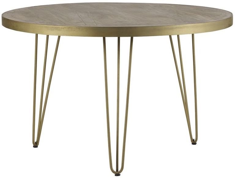 Kaza Light Mango Wood 4 Seater Round Dining Table - Hairpin Legs with Gold Geometric Inlay