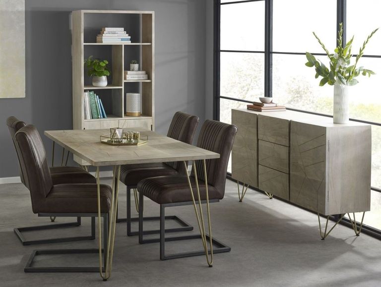 Kaza Light Mango Wood 6 Seater Dining Table - Hairpin Legs with Gold Geometric Inlay