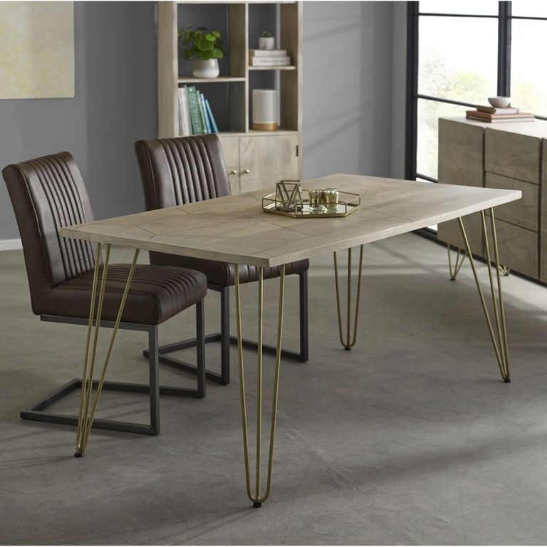 Kaza Light Mango Wood 6 Seater Dining Table - Hairpin Legs with Gold Geometric Inlay