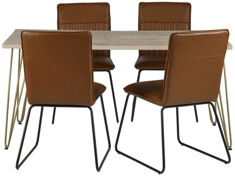 Kaza Light Mango Wood 6 Seater Dining Table - Hairpin Legs with Gold Geometric Inlay