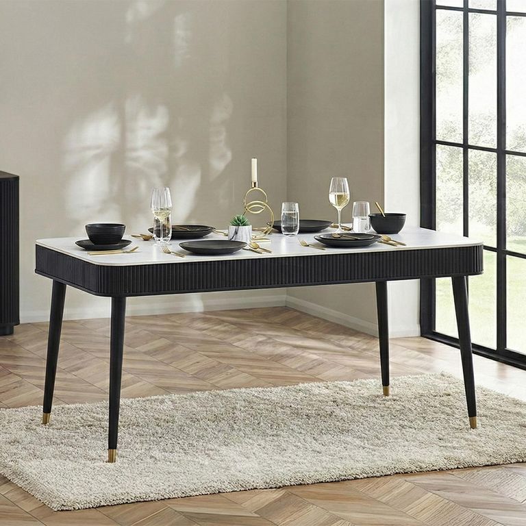 Louis Dining Table - 160cm - 6 Seater - White Ceramic Top - Black Fluted Base