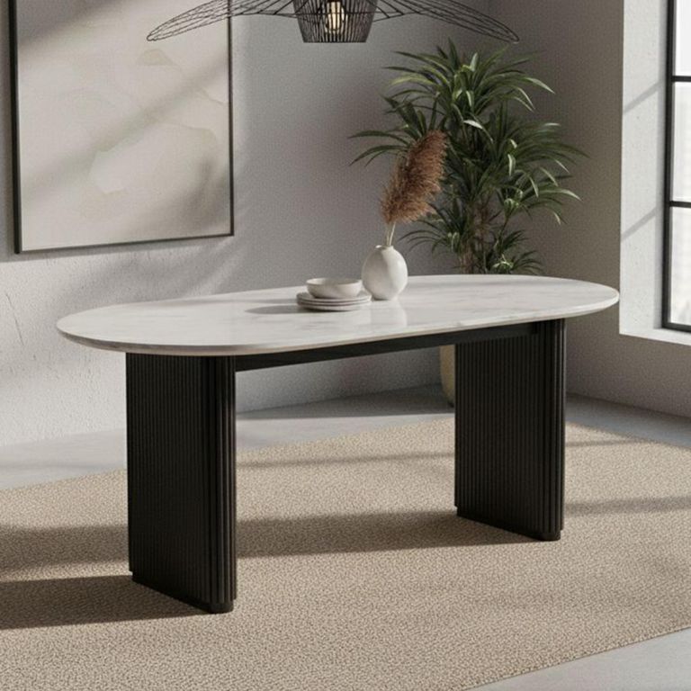 Lucas Black Oval Fluted Dining Table - 6 Seater - 180cm - White Marble Top